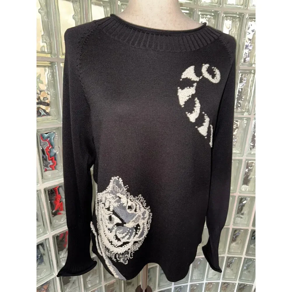Michael Simon Vintage Cat Beaded Spun Silk Blend Sweater - Size medium -OG